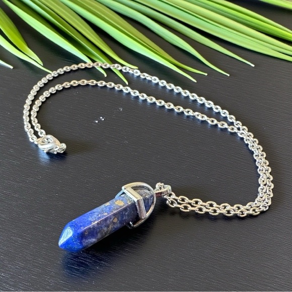 Lapis Lazuli Crystal Pendant Necklace – Silver Tone Chain - Picture 2 of 6